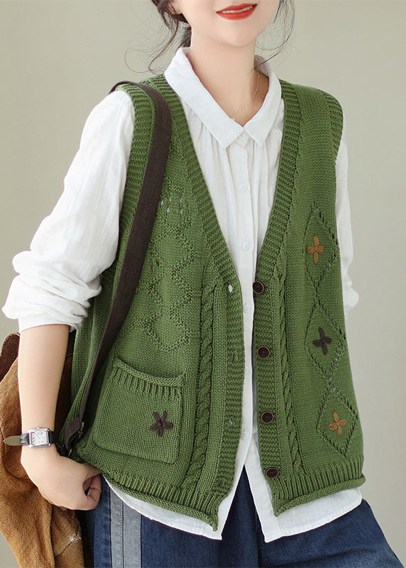 Boutique Green V Neck Embroidered Knit Vest Fall QA033