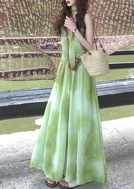 Dresses Green Vacation Dye V Chiffon Maxi Sleeveless Tie Neck Boutique
