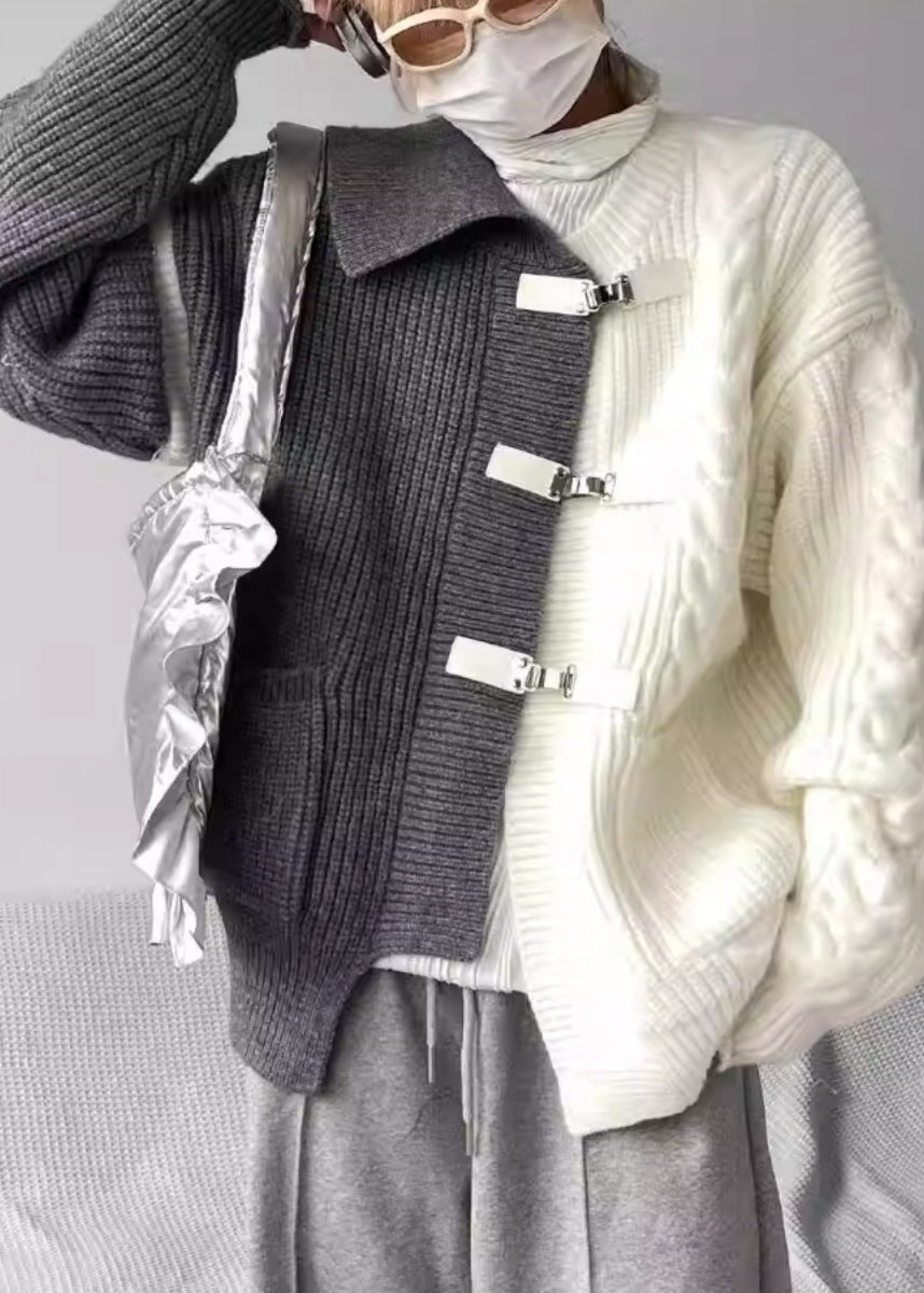 Boutique Grey Asymmetrical Buckle Patchwork Knit Sweaters Spring YY036