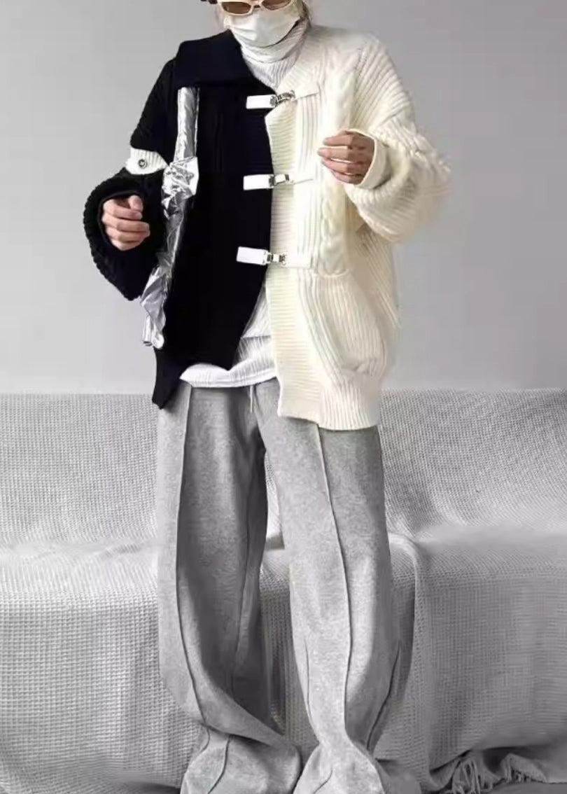 Boutique Grey Asymmetrical Buckle Patchwork Knit Sweaters Spring YY036