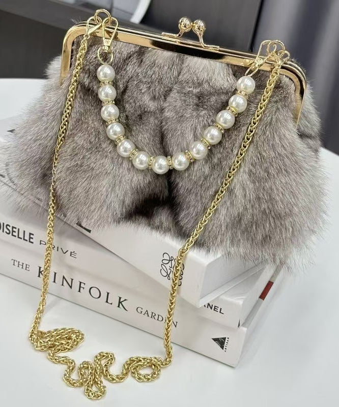Fluffy Fuzzy Boutique Fur Linked Bag Messenger Chain Grey