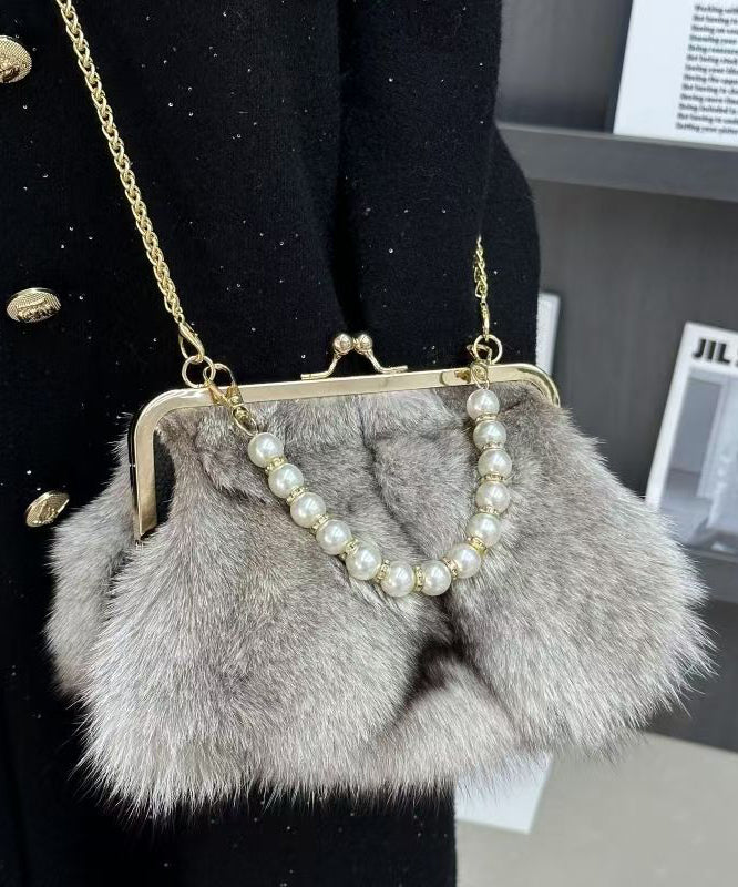 Fluffy Fuzzy Boutique Fur Linked Bag Messenger Chain Grey