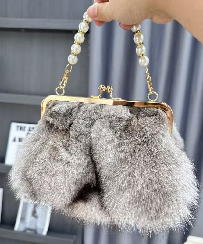 Fluffy Fuzzy Boutique Fur Linked Bag Messenger Chain Grey