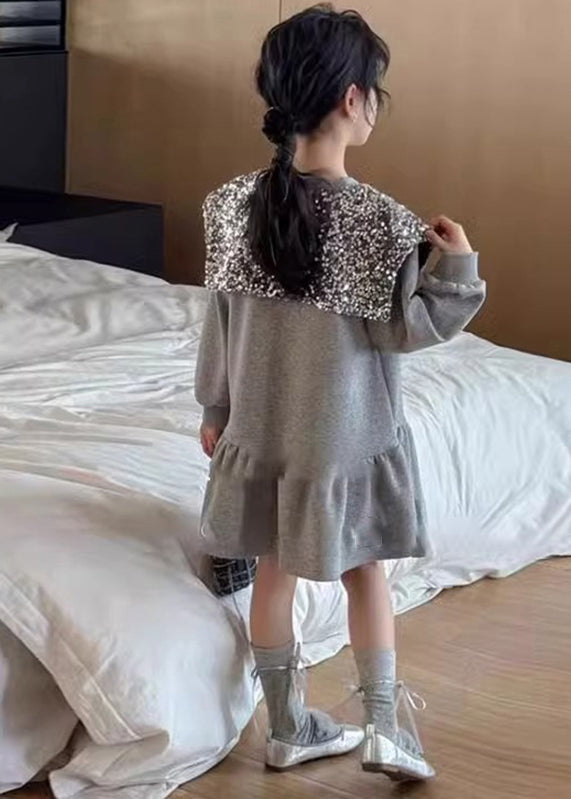 Boutique Grey Neck Sequins Girls Mid Dress Spring TV037
