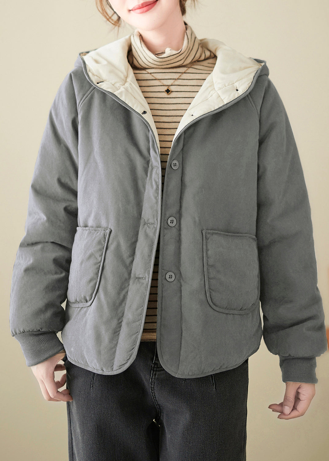 Boutique Grey Pockets Fine Cotton Filled Hoodies Outwear Spring TI007