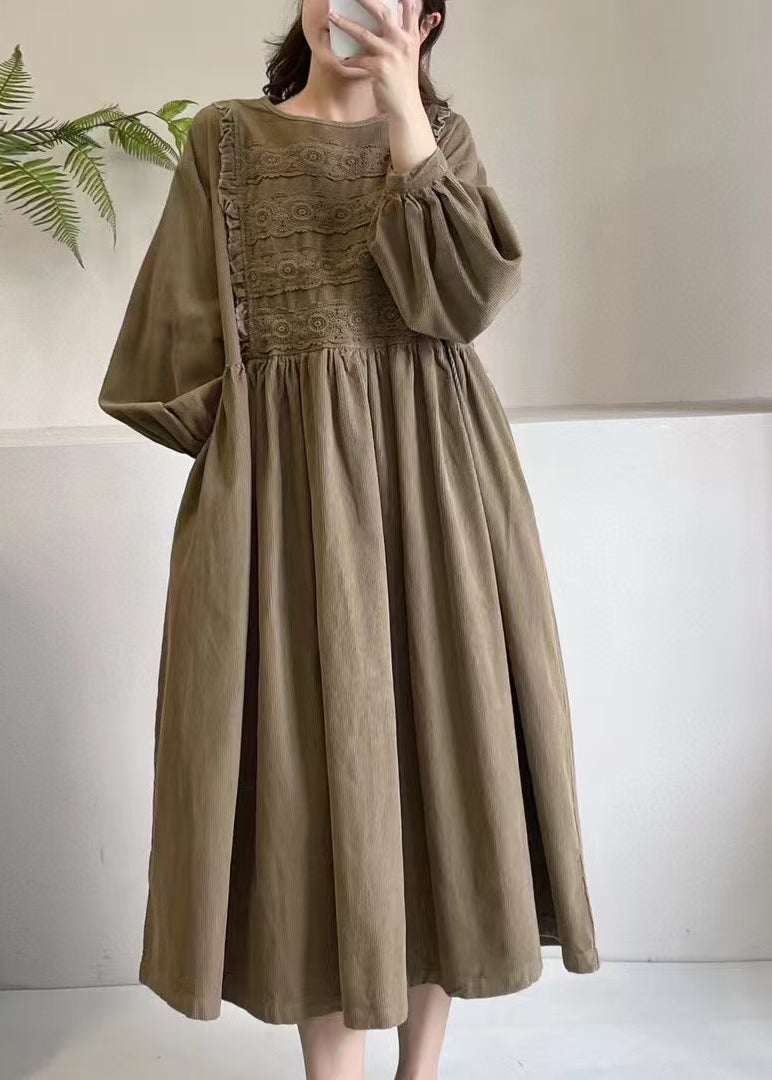 Boutique Dress Spring Corduroy Embroidered Khaki Maxi