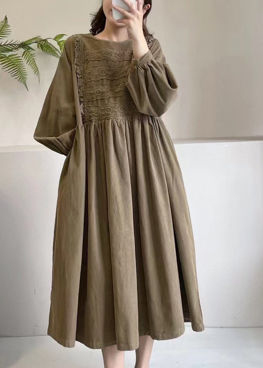 Boutique Dress Spring Corduroy Embroidered Khaki Maxi