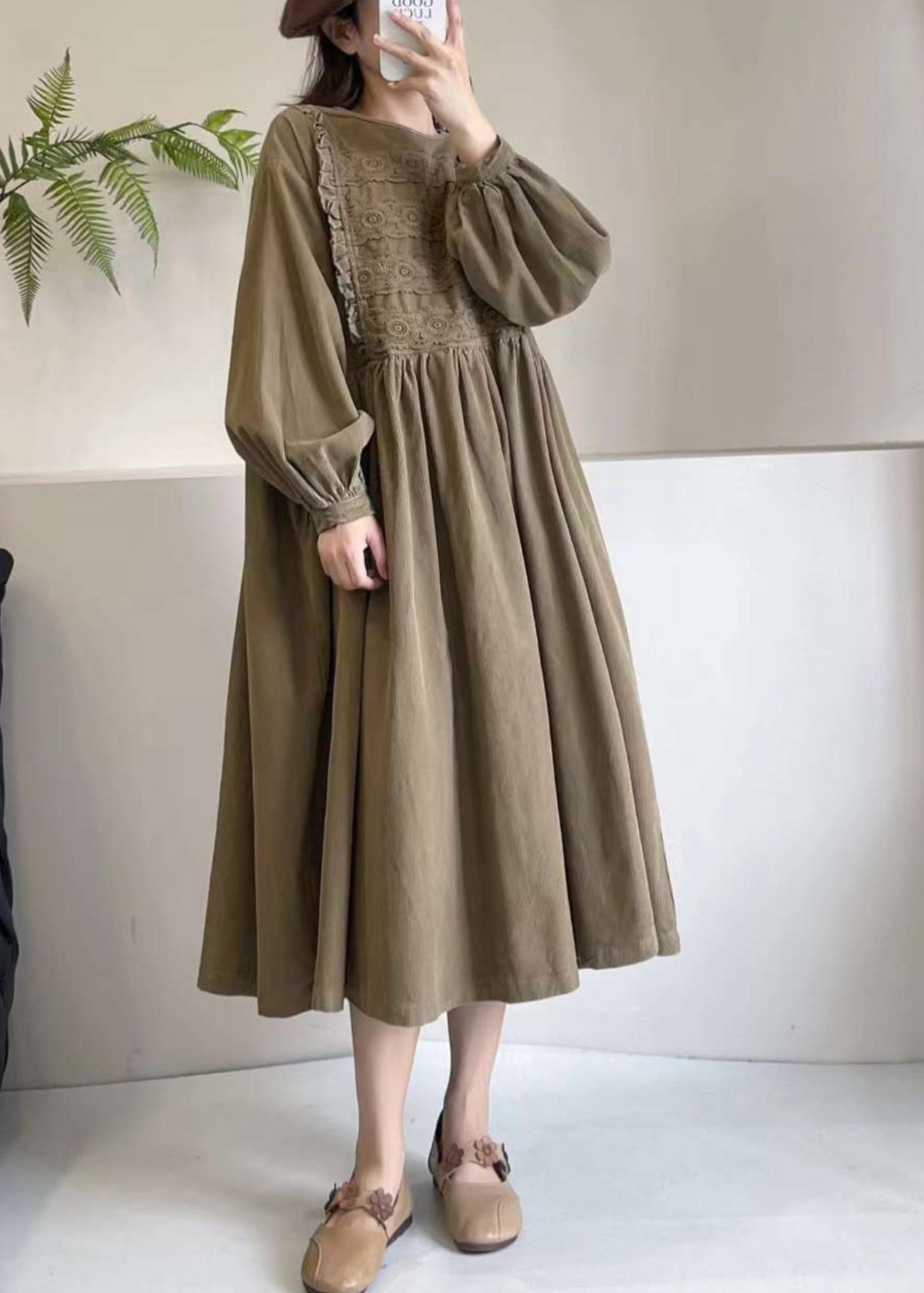 Boutique Dress Spring Corduroy Embroidered Khaki Maxi