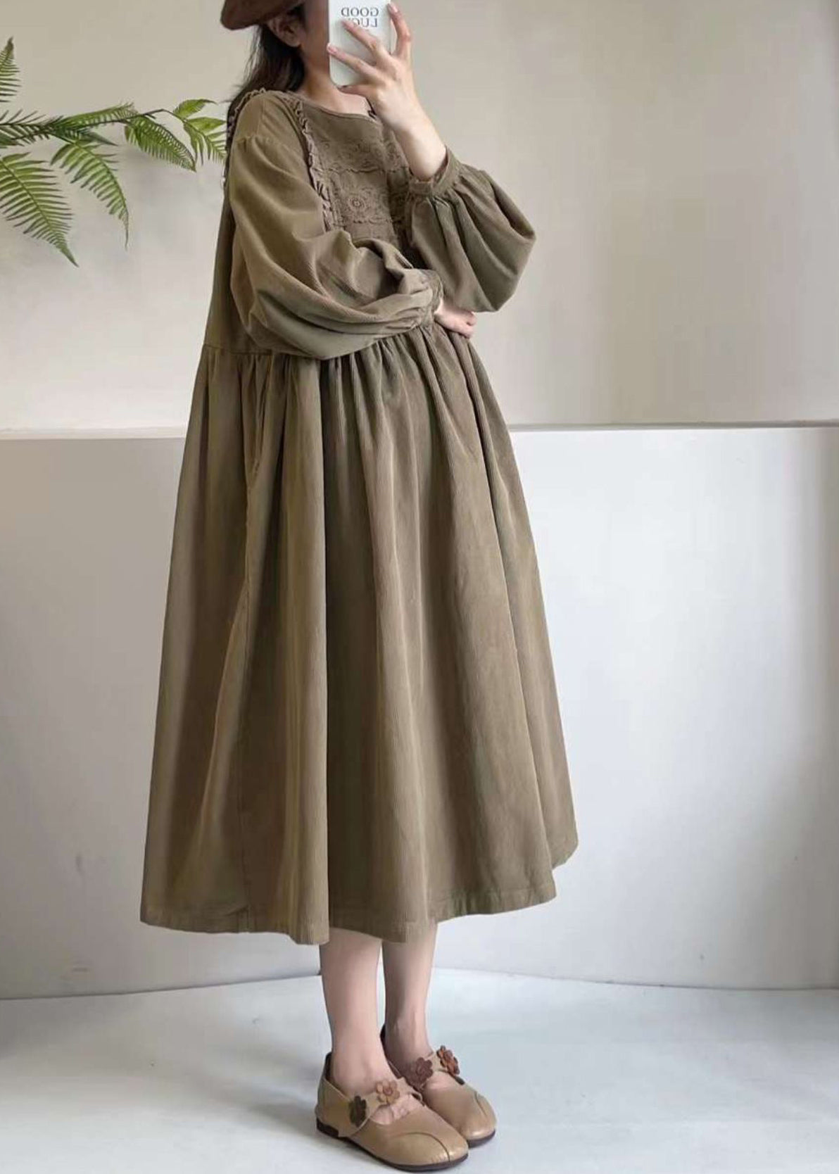 Boutique Dress Spring Corduroy Embroidered Khaki Maxi