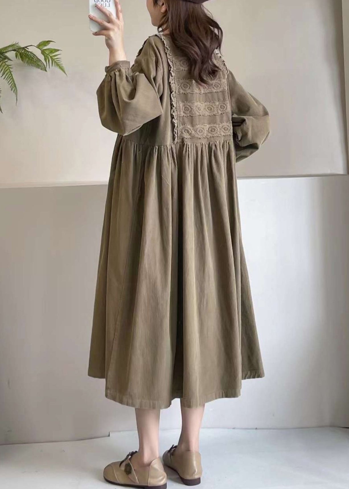 Boutique Dress Spring Corduroy Embroidered Khaki Maxi