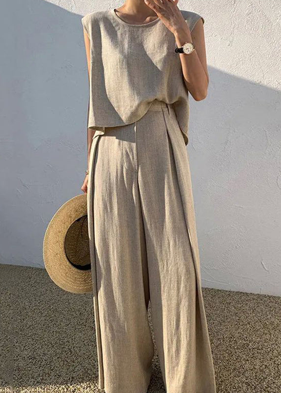 Shirt Khaki Pieces And T Wide Leg Boutique O-Neck Two Pants Set