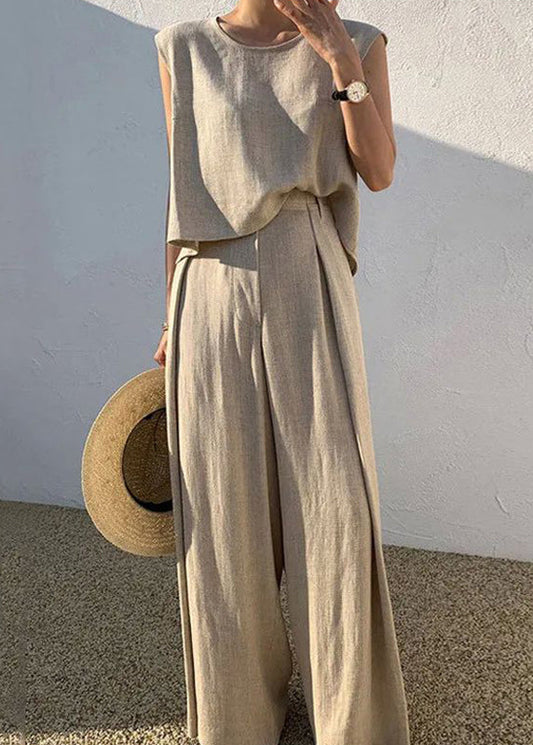 Shirt Khaki Pieces And T Wide Leg Boutique O-Neck Two Pants Set