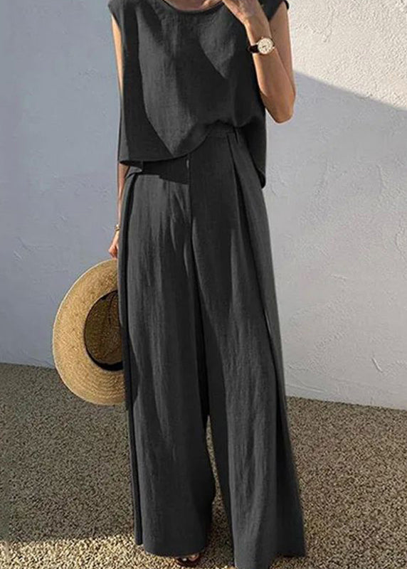 Shirt Khaki Pieces And T Wide Leg Boutique O-Neck Two Pants Set