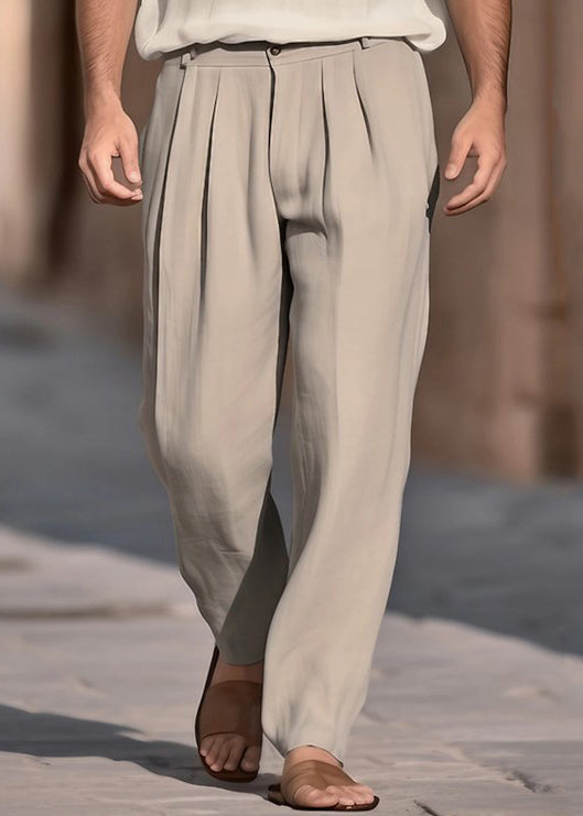 Boutique Pants Solid Men Cotton Khaki Summer Waist Wrinkled High