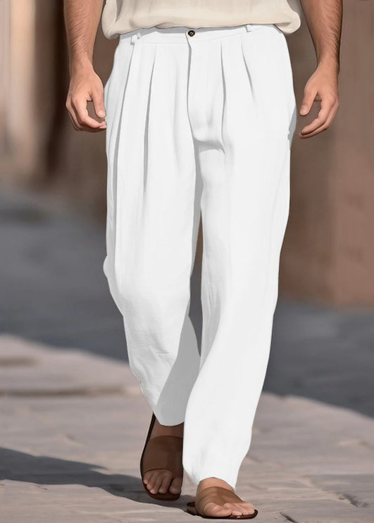 Boutique Pants Solid Men Cotton Khaki Summer Waist Wrinkled High