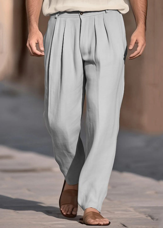 Boutique Pants Solid Men Cotton Khaki Summer Waist Wrinkled High