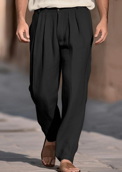 Boutique Pants Solid Men Cotton Khaki Summer Waist Wrinkled High