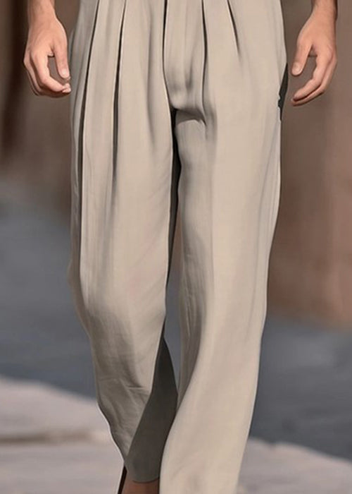Boutique Pants Solid Men Cotton Khaki Summer Waist Wrinkled High