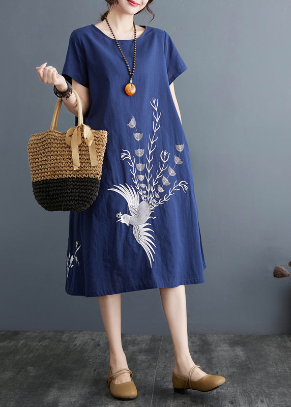 Navy Phoenix Dress Embroidered Boutique Summer Linen
