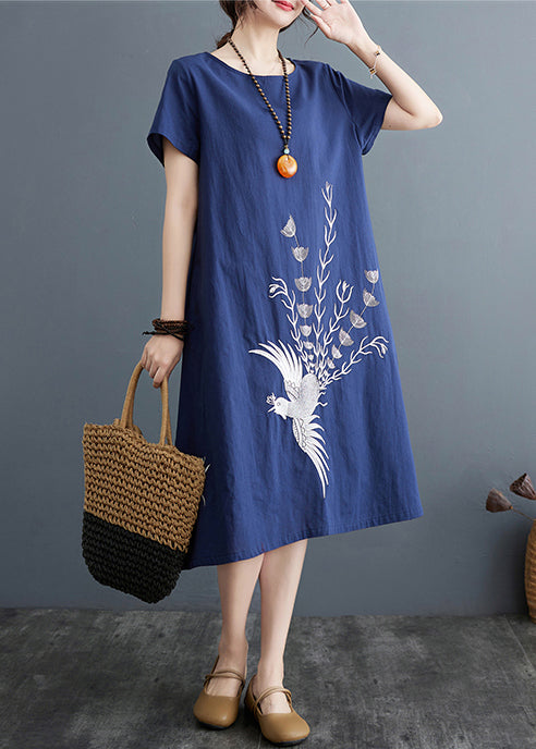 Navy Phoenix Dress Embroidered Boutique Summer Linen