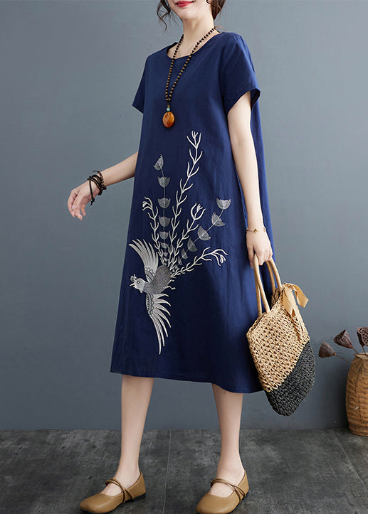 Navy Phoenix Dress Embroidered Boutique Summer Linen