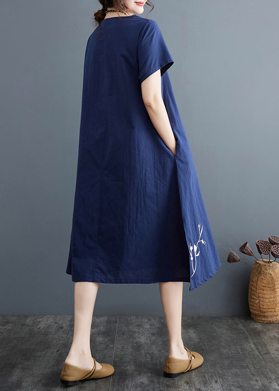 Navy Phoenix Dress Embroidered Boutique Summer Linen