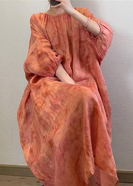 Boutique Robe longue orange à col rond et manches longues UU040