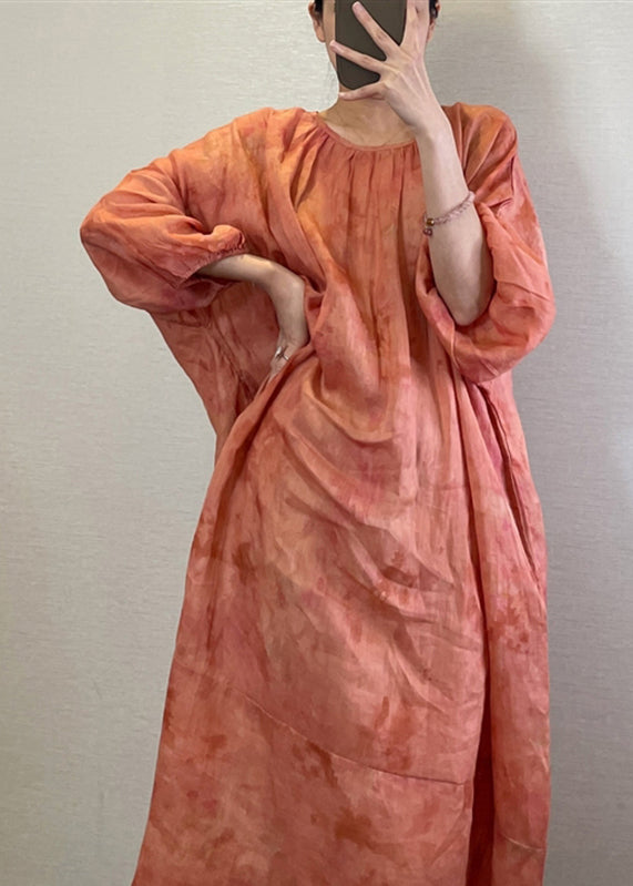 Boutique Robe longue orange à col rond et manches longues UU040