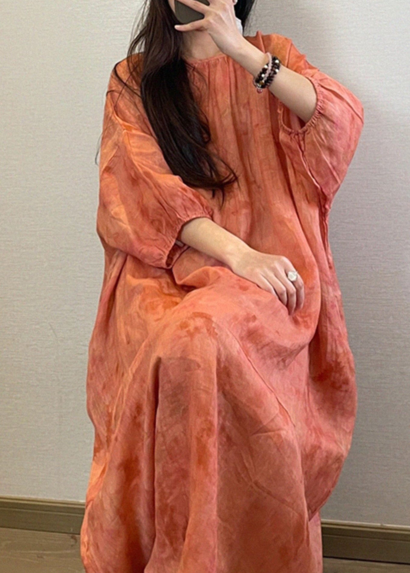 Boutique Robe longue orange à col rond et manches longues UU040