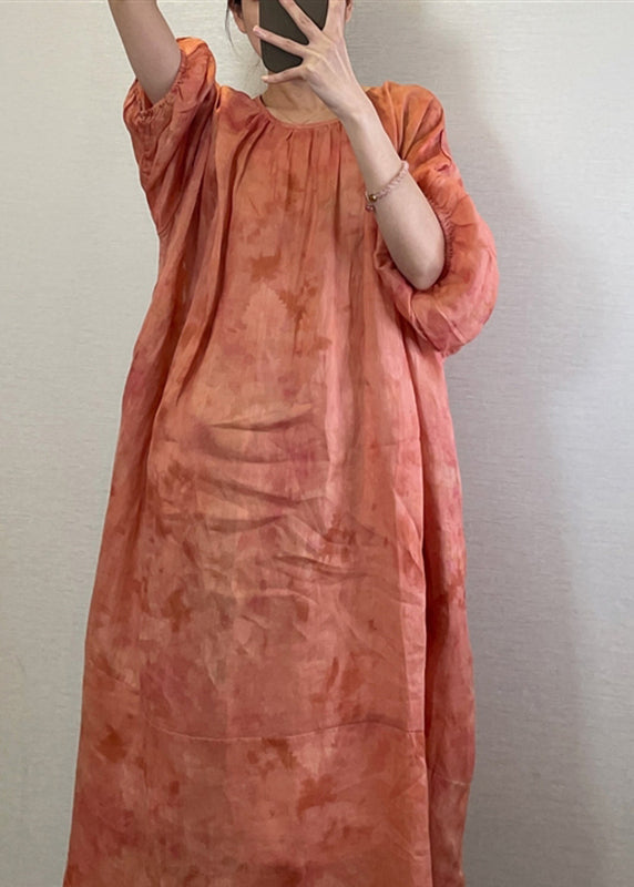 Boutique Robe longue orange à col rond et manches longues UU040