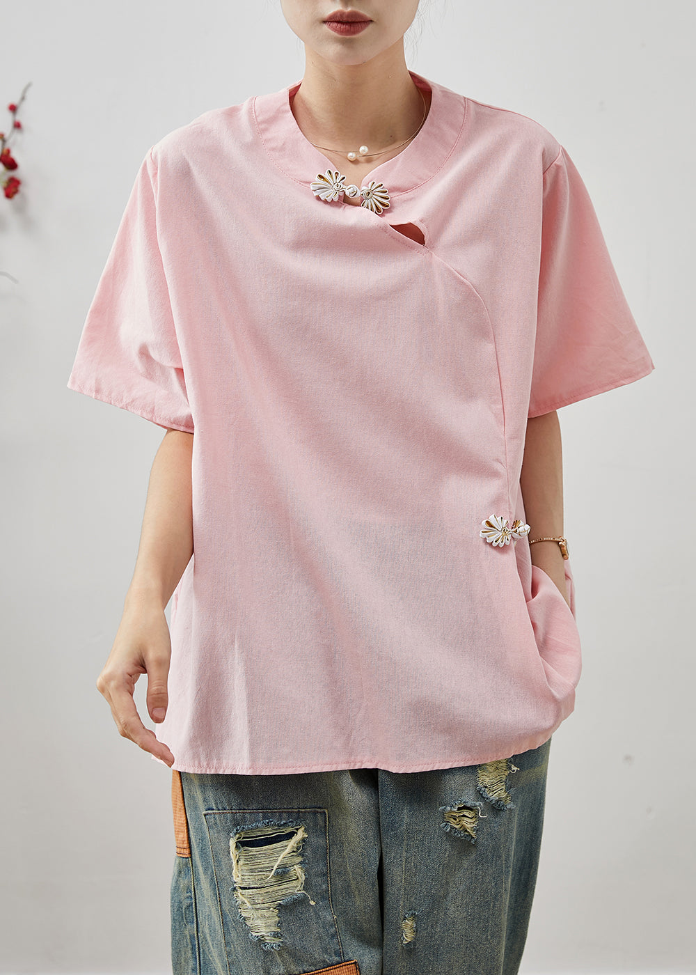 Boutique Rosa Chinesischen Knopf Baumwolle Hemd Tops Sommer AP1075