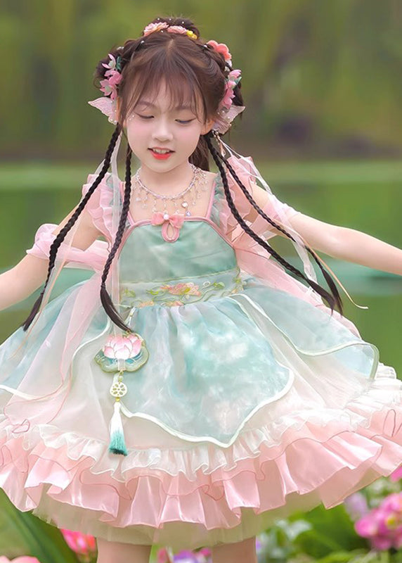 Boutique Mid Pink Embroideried Dress Ruffled Tulle Kids Patchwork