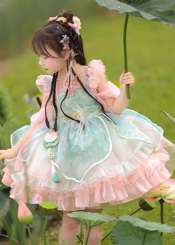 Boutique Mid Pink Embroideried Dress Ruffled Tulle Kids Patchwork