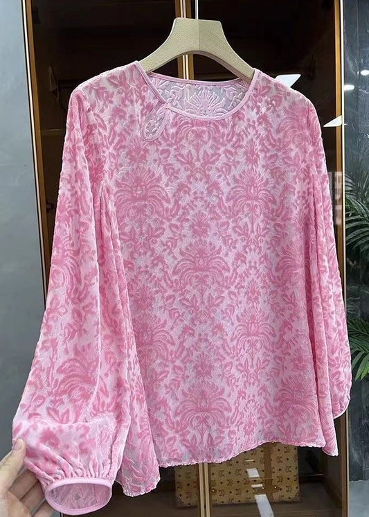 Boutique Rosa O Hals Jacquard Seide Velour Bluse Top Frühling WW1013