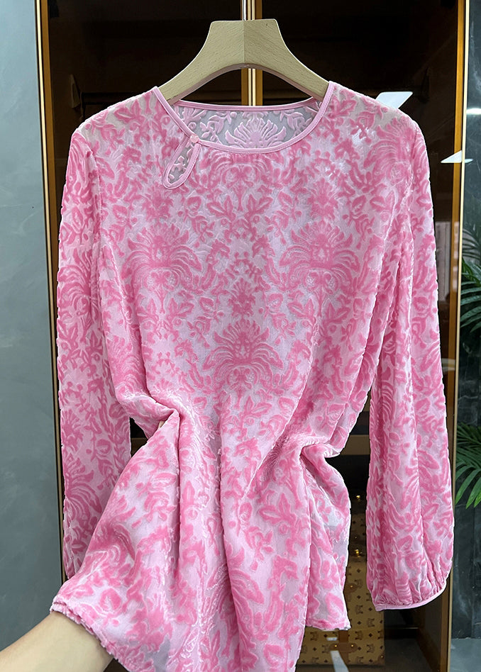 Boutique Pink O Neck Jacquard Silk Velour Blouse Top Spring WW1013