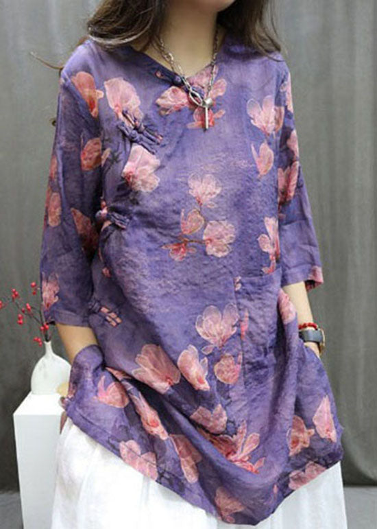 Boutique Purple Print Chinese Button Linen Shirt Summer AP085