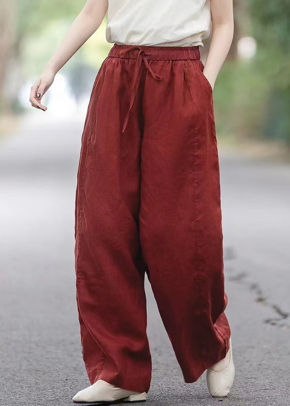 Waist Pants Summer Pockets Linen Elastic Red Boutique