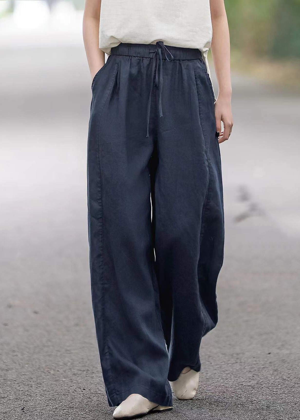 Waist Pants Summer Pockets Linen Elastic Red Boutique