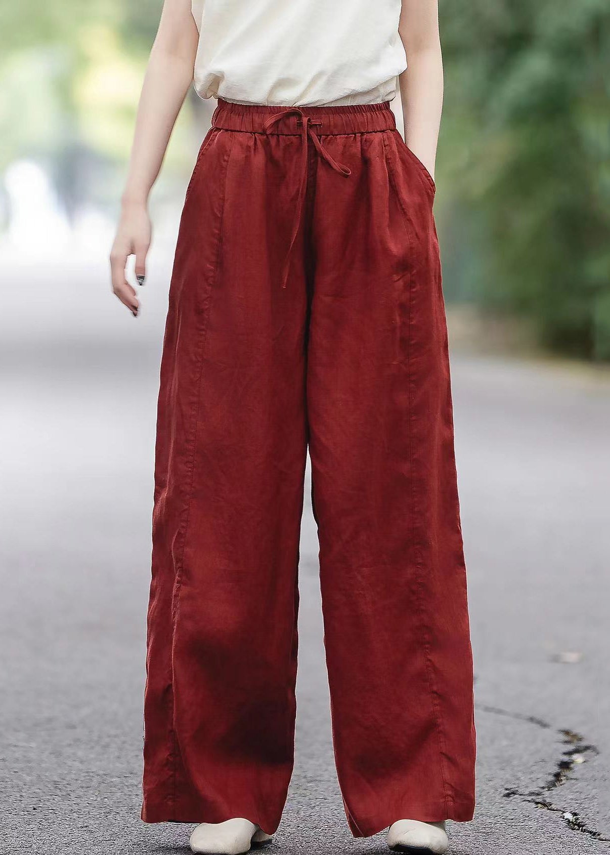 Waist Pants Summer Pockets Linen Elastic Red Boutique