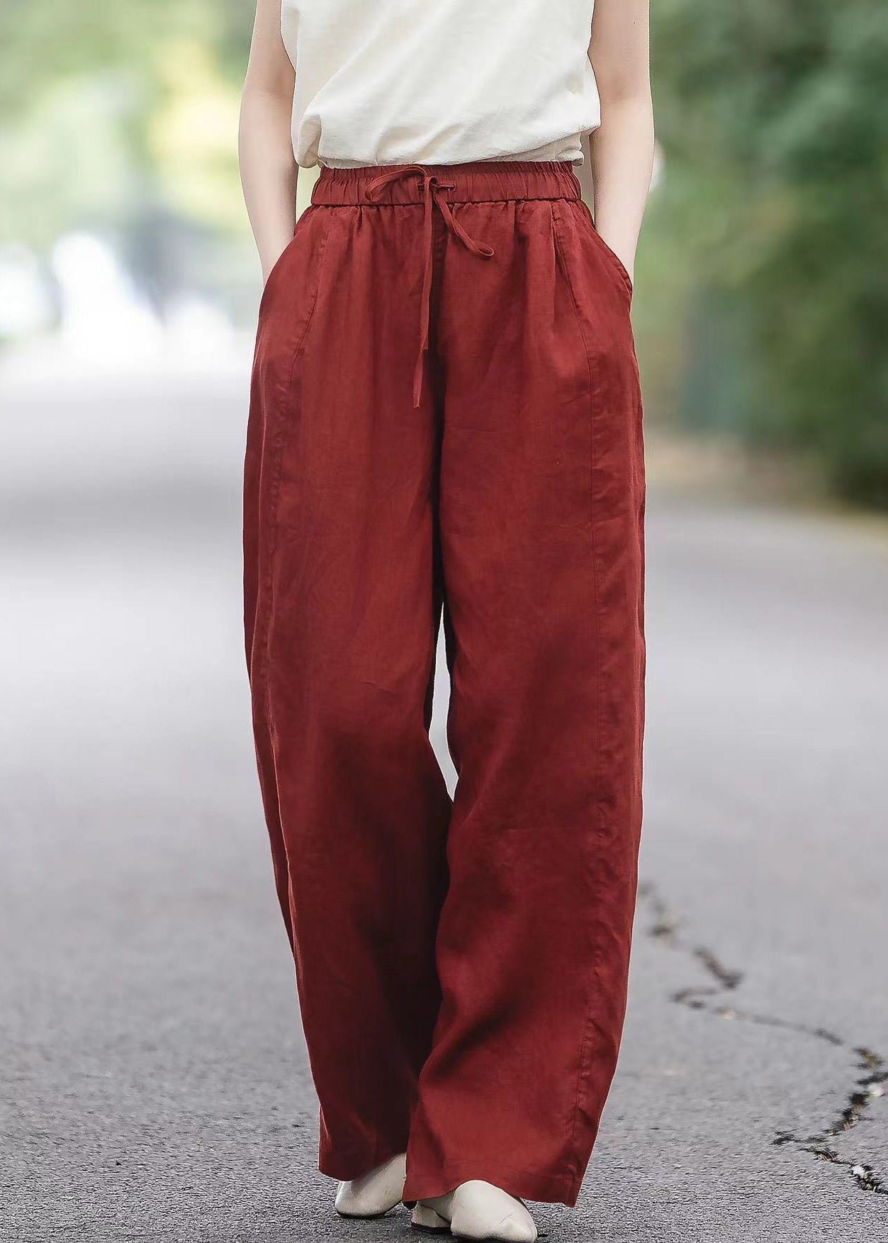 Waist Pants Summer Pockets Linen Elastic Red Boutique