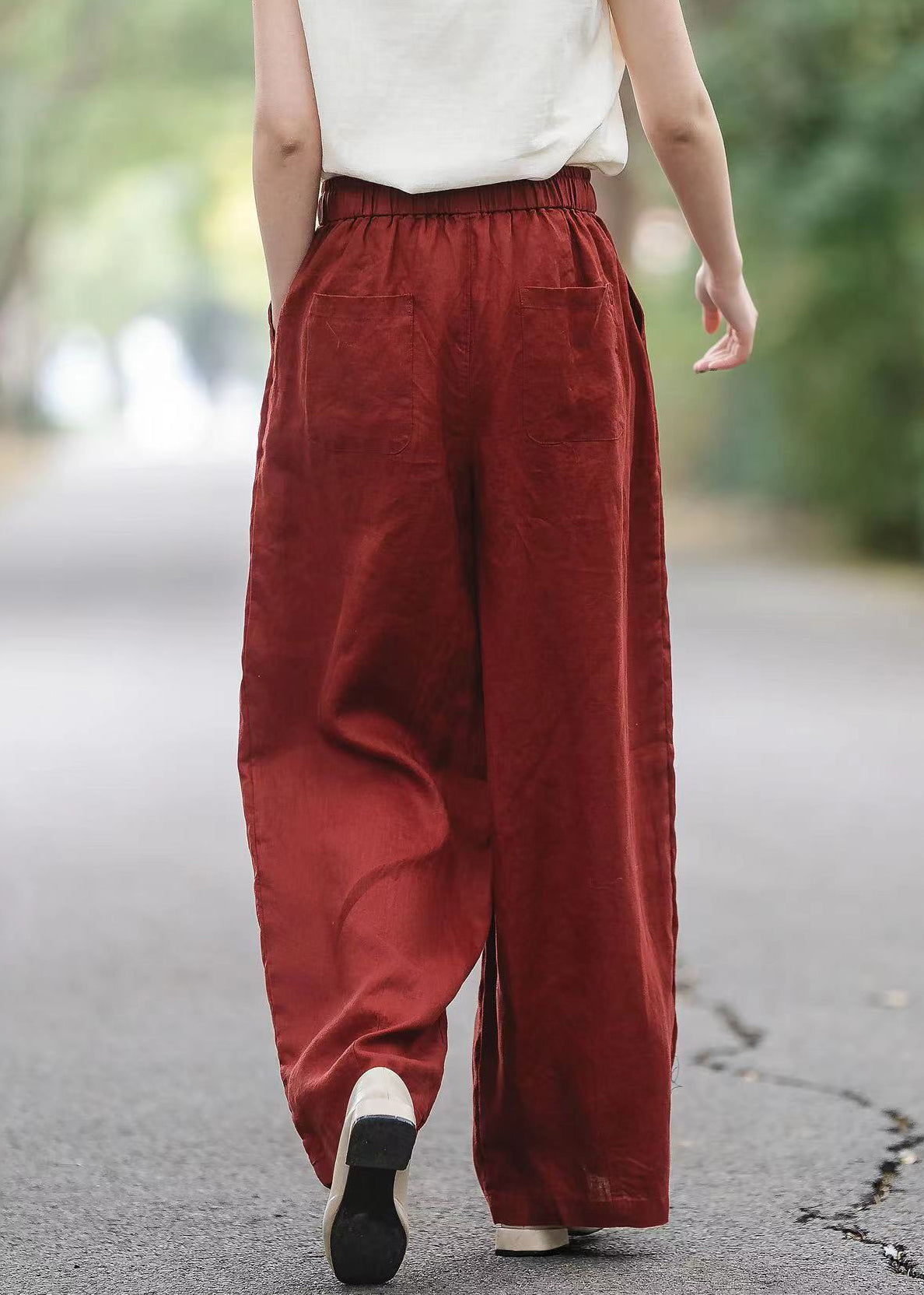 Waist Pants Summer Pockets Linen Elastic Red Boutique