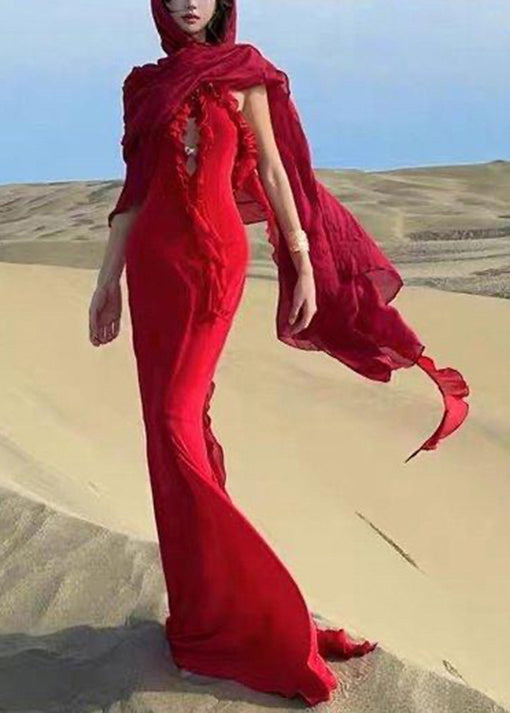 Boutique Backless Summer Long Dress Ruffled Red Halter Sexy