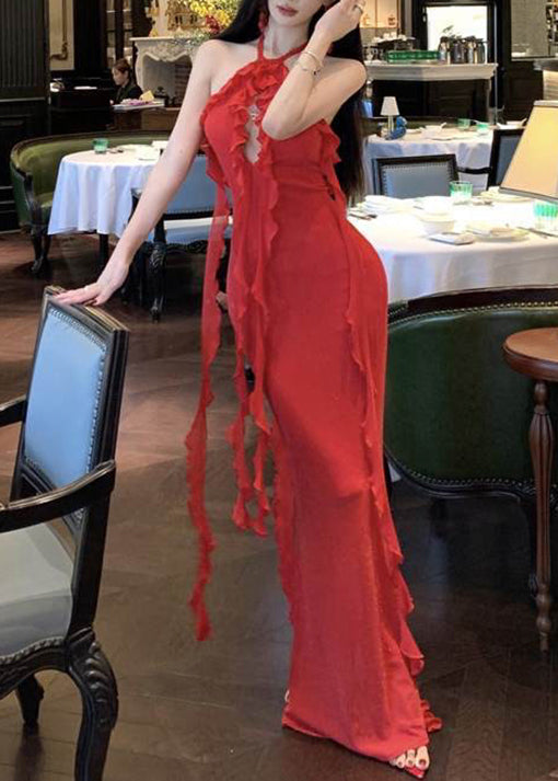 Boutique Backless Summer Long Dress Ruffled Red Halter Sexy