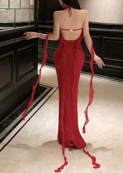 Boutique Backless Summer Long Dress Ruffled Red Halter Sexy