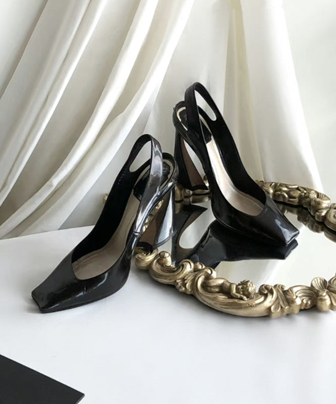 High Black Sheepskin Toe Square Heel Sandals Splicing Boutique