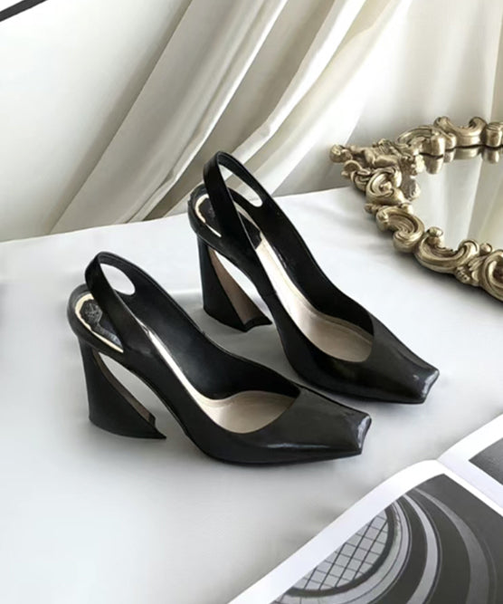 Sheepskin Black Heel Boutique Splicing Toe Square Sandals High