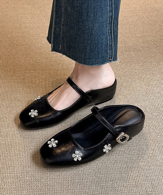 Wedge Slide Black Zircon Leather Faux Splicing Sandals Boutique