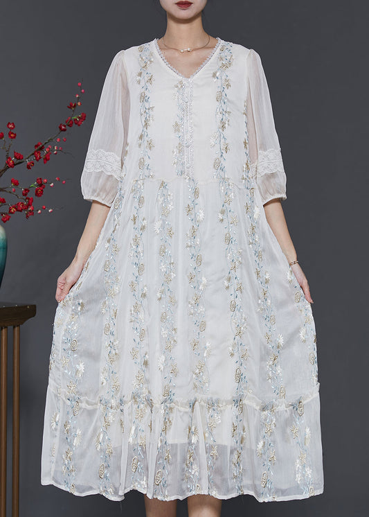 Boutique White Embroidered Patchwork Lace Silk Dresses Summer SD1067