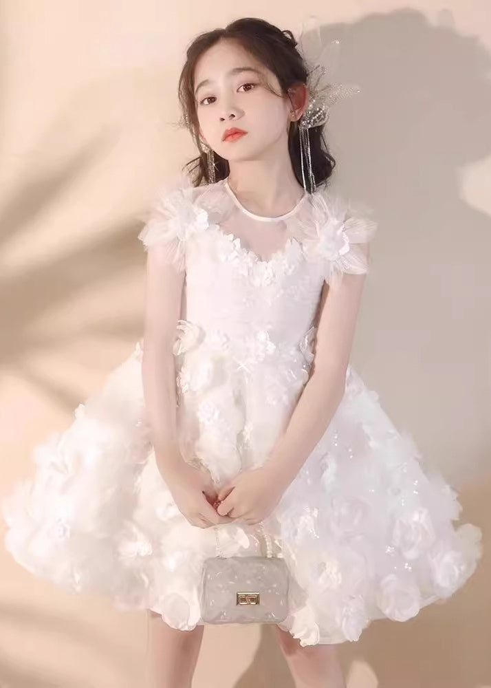 Boutique White Floral Patchwork Tulle Kids Long Dress Summer EW004