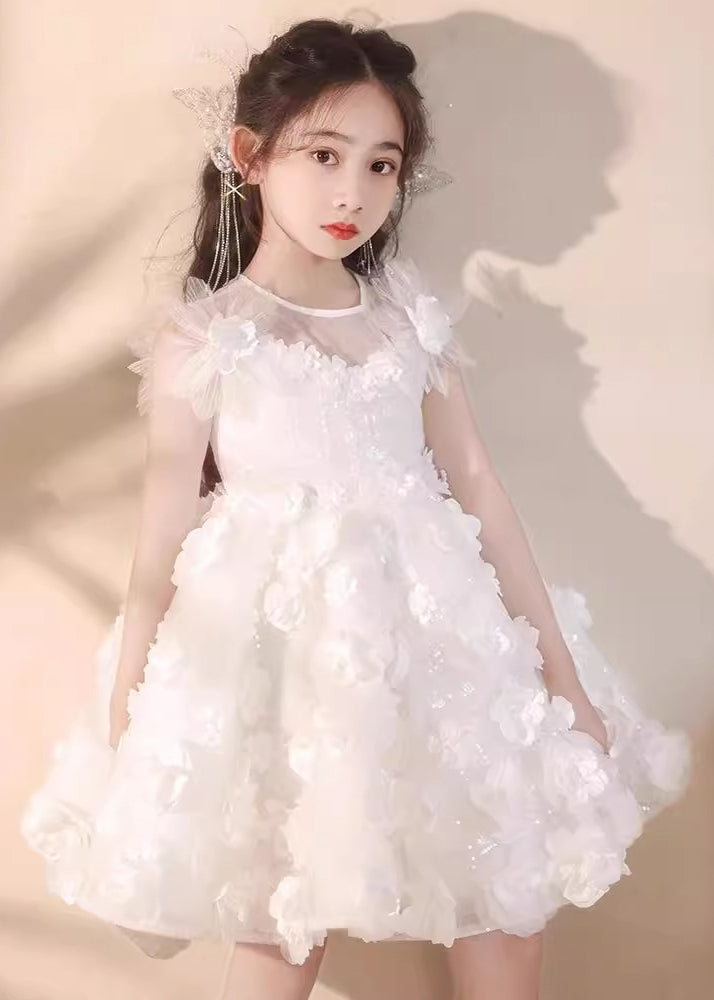 Boutique White Floral Patchwork Tulle Kids Long Dress Summer EW004